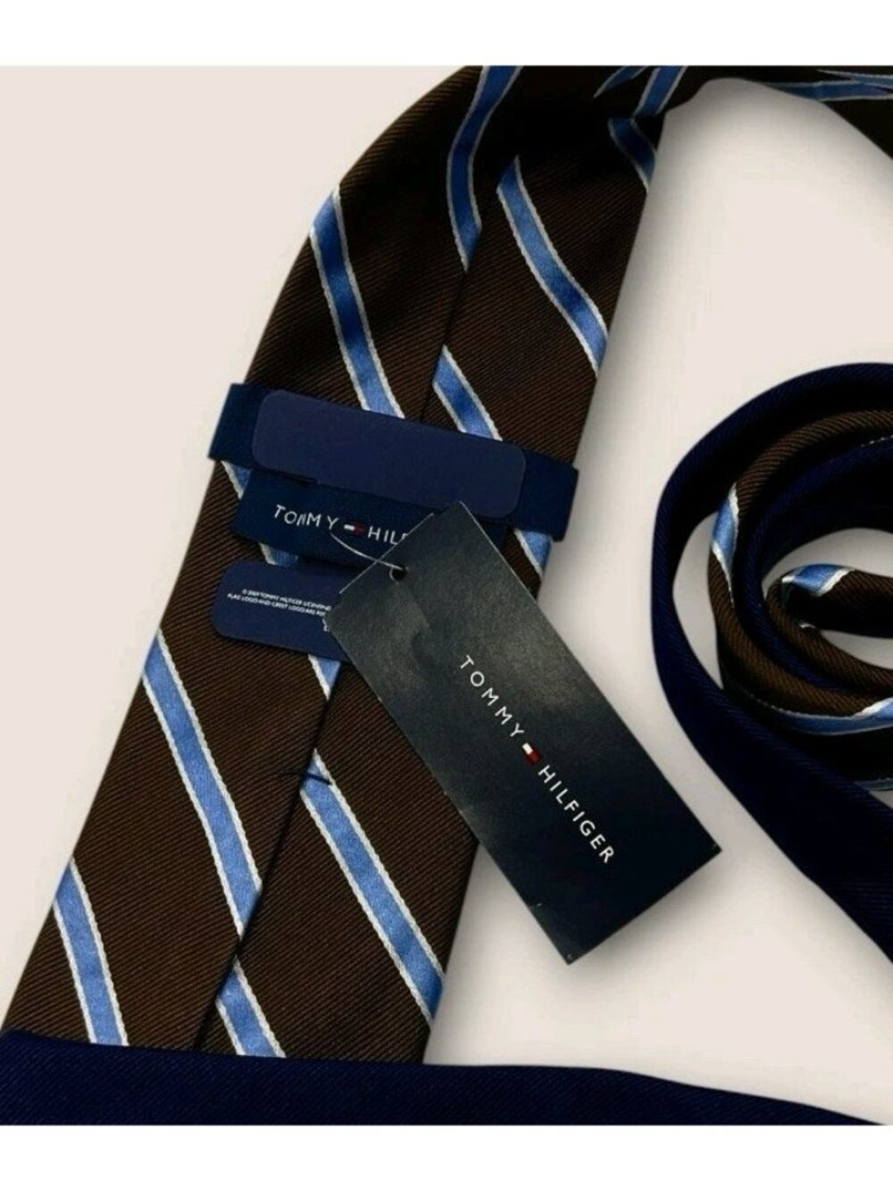 NEW TOMMY HILFIGER Silk Tie Brown Blue Striped W:3.4" - Picture 4 of 6
